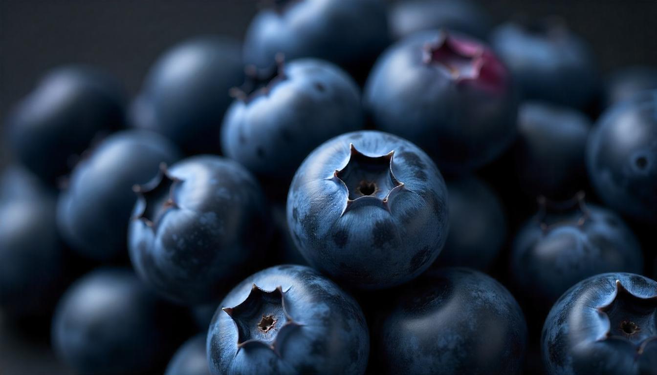 Nahaufnahme von frischen, reifen Blaubeeren, die auf dunklem Hintergrund liegen. Ernährung für das Gehirn, mehr als nur Energiezufuhr